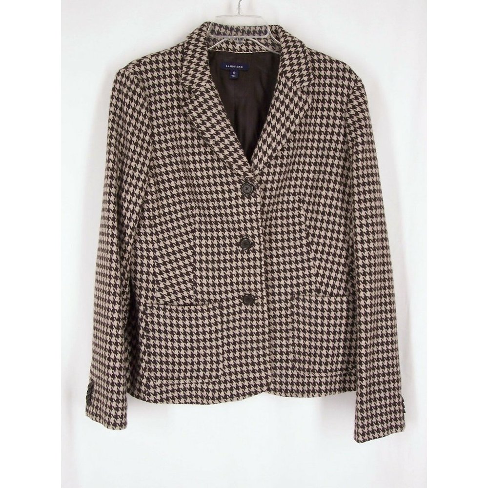 Lands End Houndstooth Wool Blazer 12 L Jacket Gray Black Lined